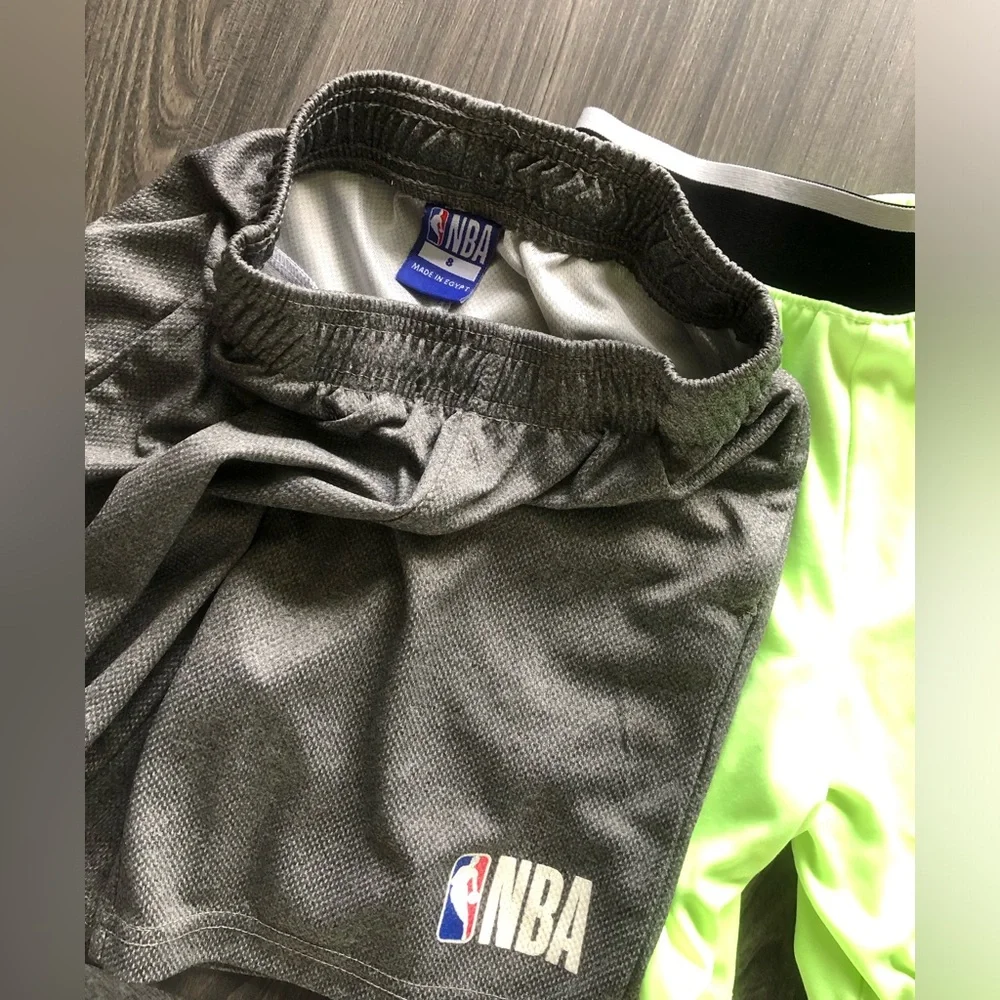 abercrombie gray polo shirt, gray NBA shorts and neon green Russell shorts